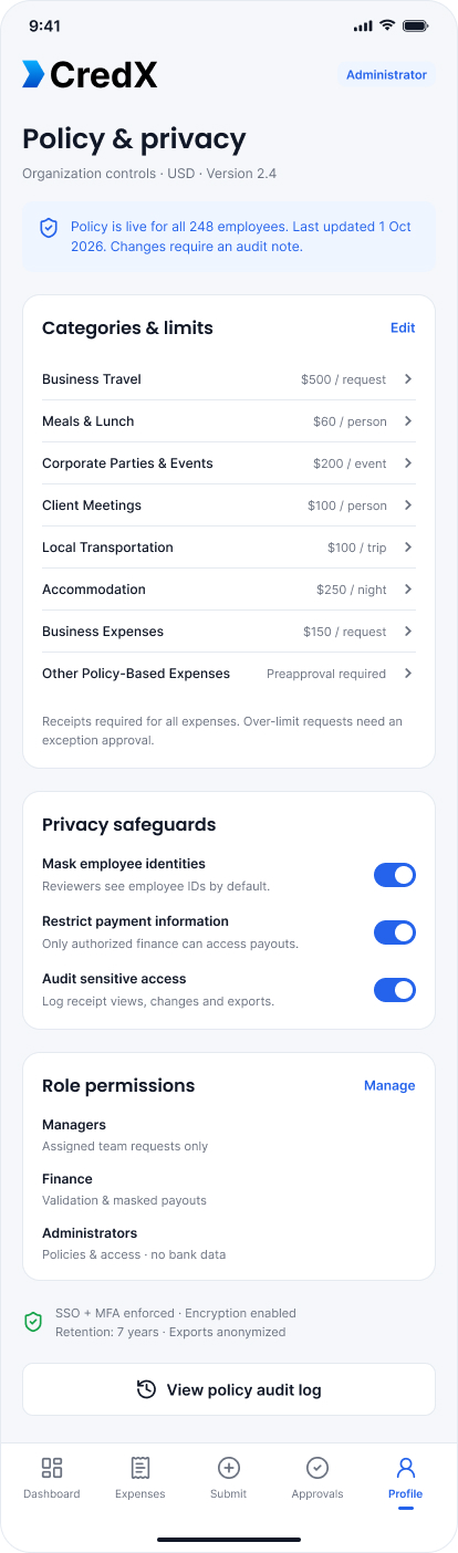 CredX administrator policy and privacy screen