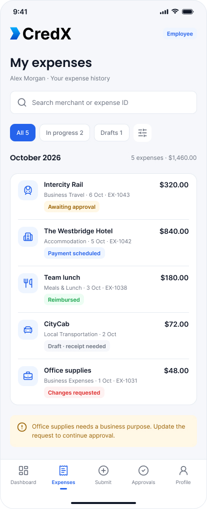 CredX expenses list