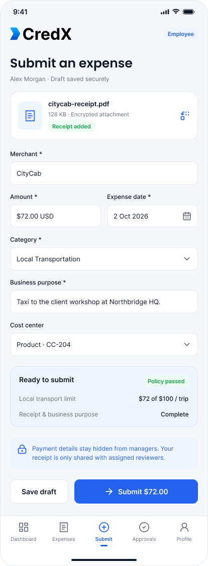 CredX submit expense screen