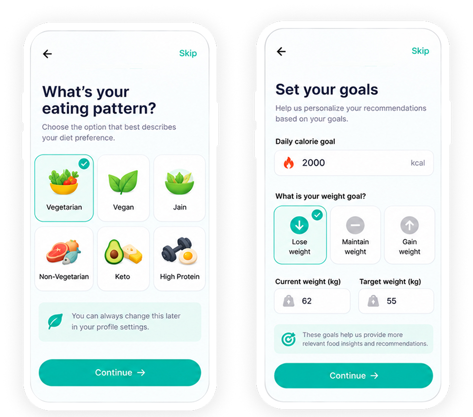 Phone mockup showing the IngredLens health conditions screen with options for medical conditions, allergies, and dietary preferences