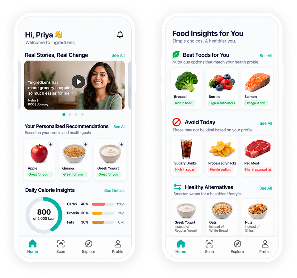 Phone mockup showing the IngredLens health conditions screen with options for medical conditions, allergies, and dietary preferences