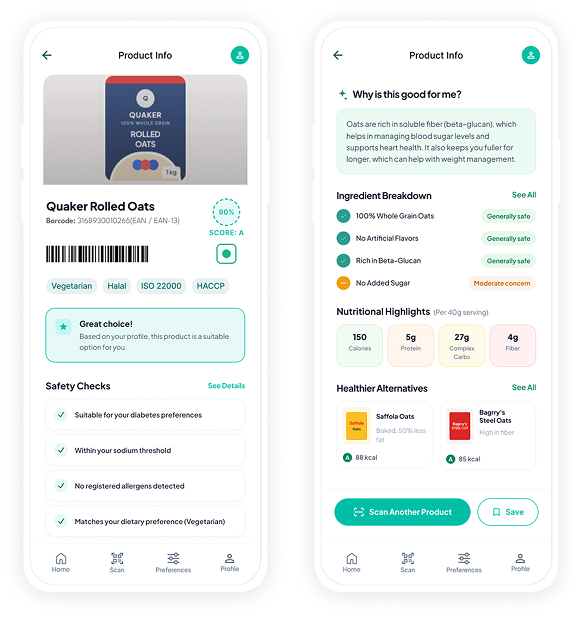 Phone mockup showing the IngredLens health conditions screen with options for medical conditions, allergies, and dietary preferences