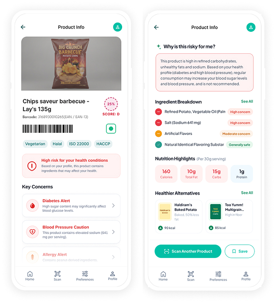 Phone mockup showing the IngredLens health conditions screen with options for medical conditions, allergies, and dietary preferences
