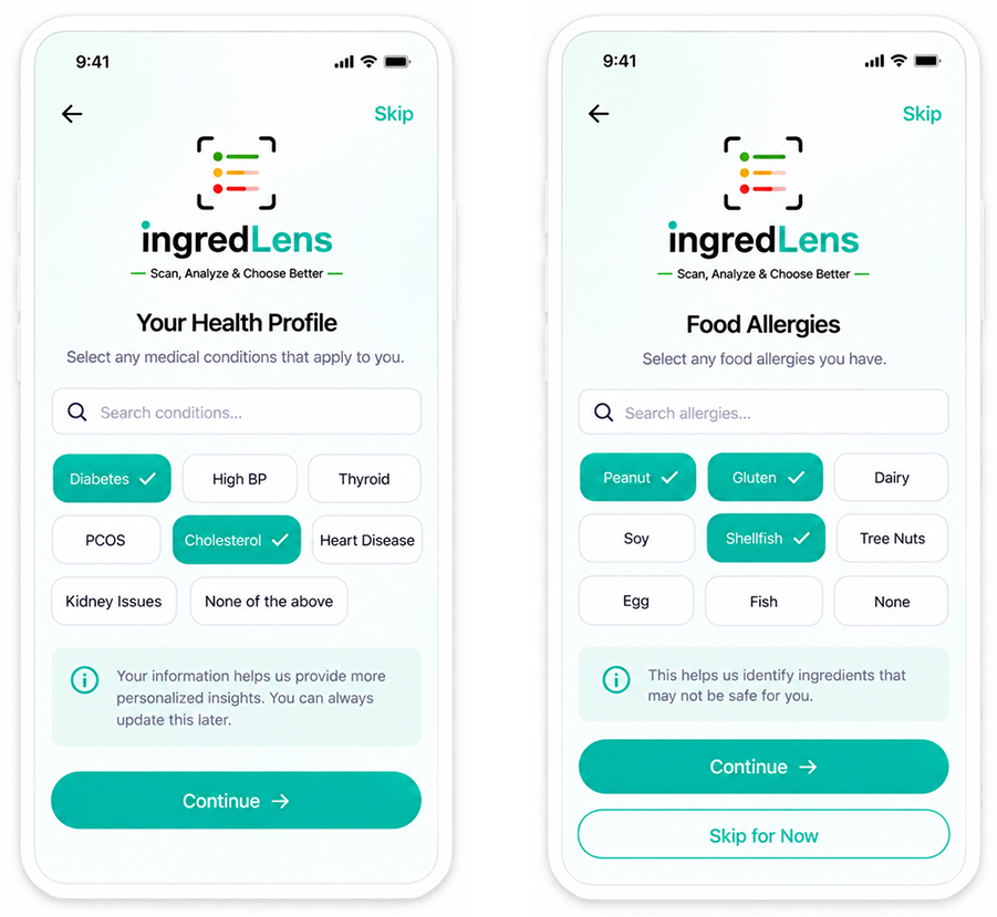 Phone mockup showing the IngredLens health conditions screen with options for medical conditions, allergies, and dietary preferences