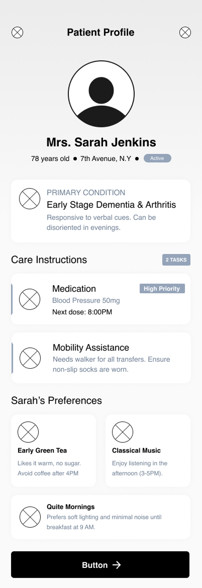 Admin Caregiver Profile Wireframe