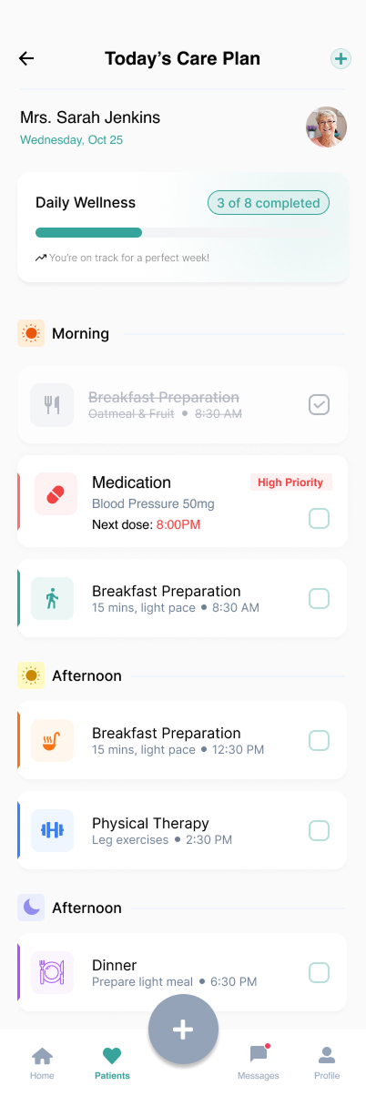 Caregiver Care Plan Wireframe