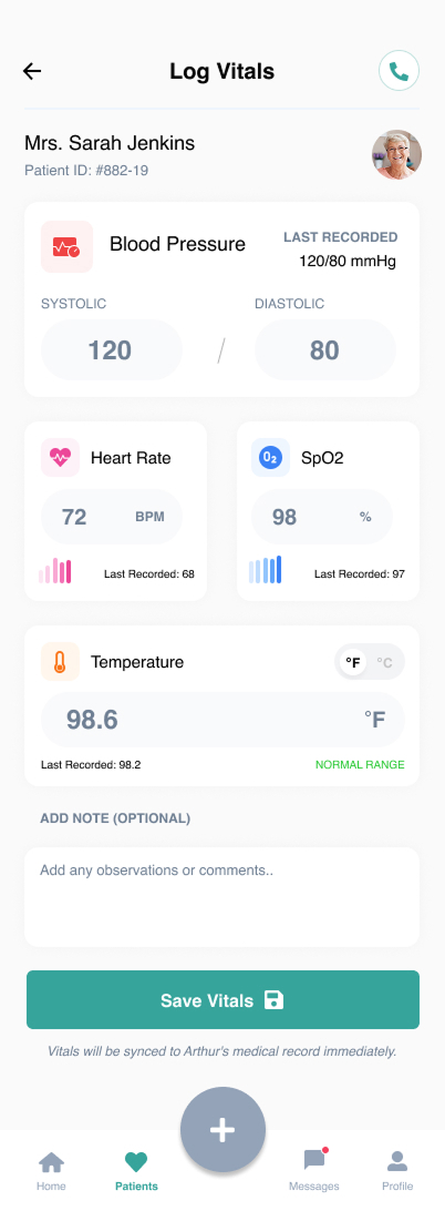 Caregiver Log Vitals Wireframe