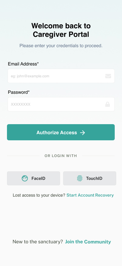 Caregiver Login Wireframe