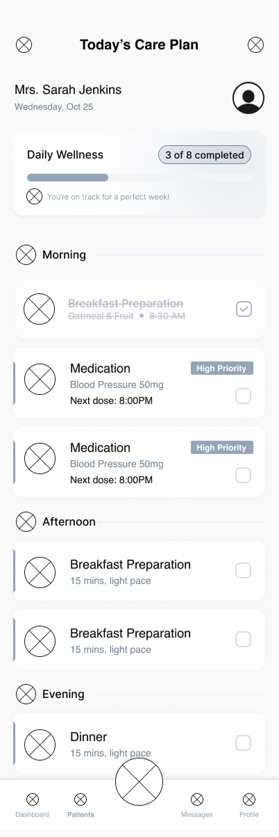 Caregiver Care Plan Wireframe