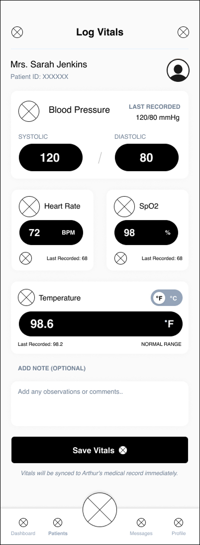 Caregiver Log Vitals Wireframe