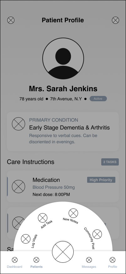Caregiver Menu Wireframe