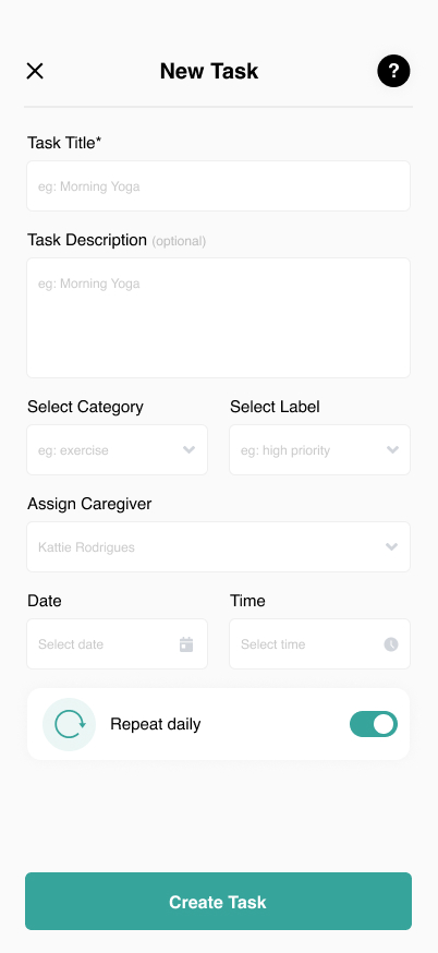 Patient Create Task Wireframe