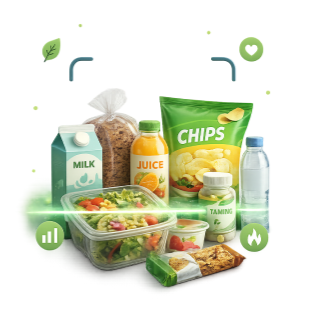 Food products including milk, juice, chips, salad, water and other packaged foods